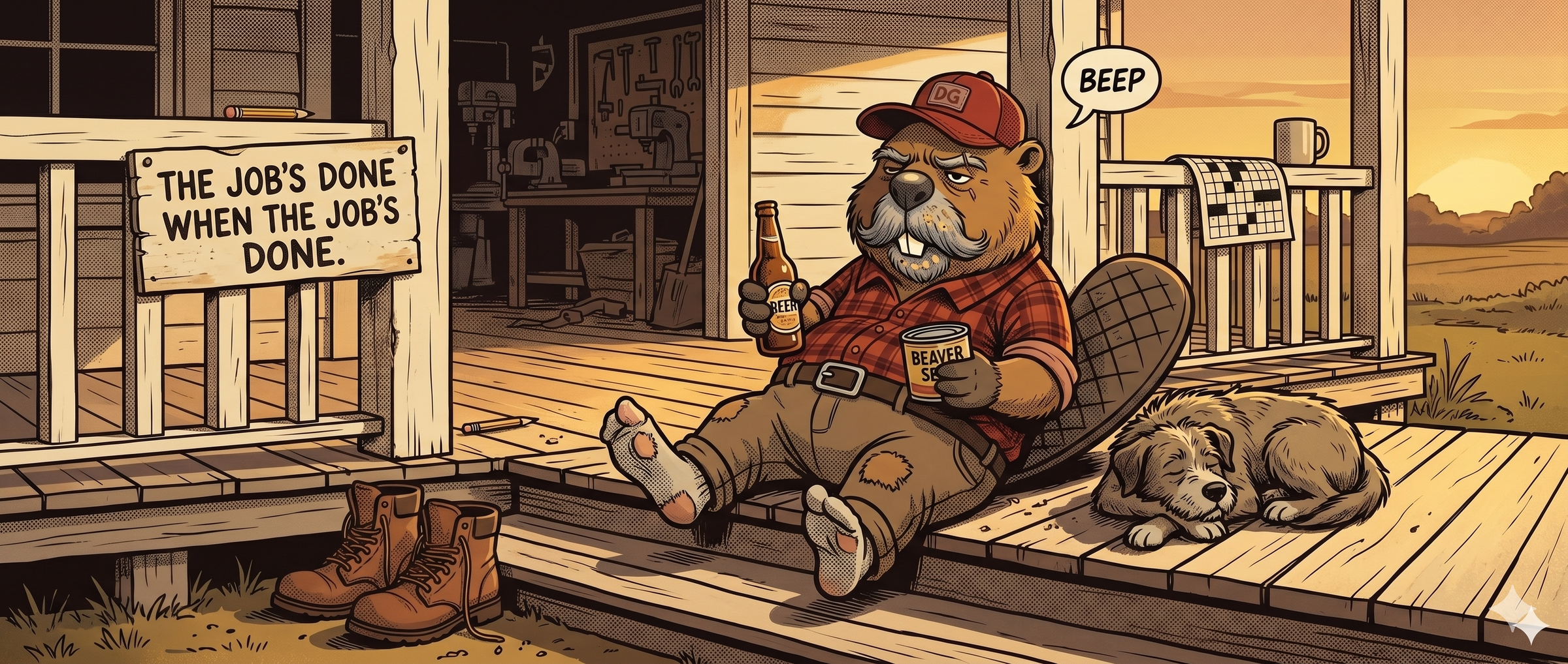 DAM GOOD CO. workshop scene with Dammit the Beaver