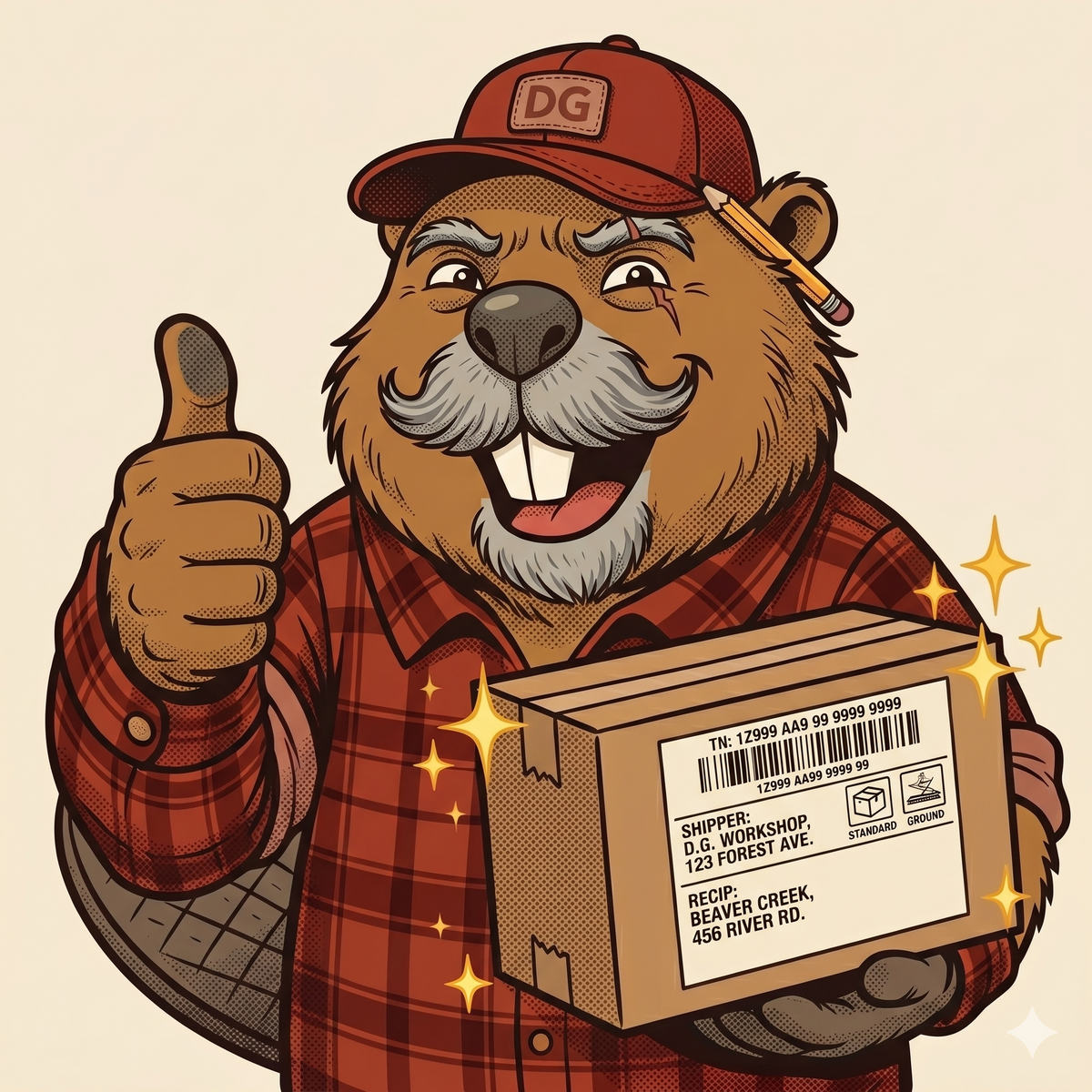 Dammit holding a Dam Good Co. shipping box